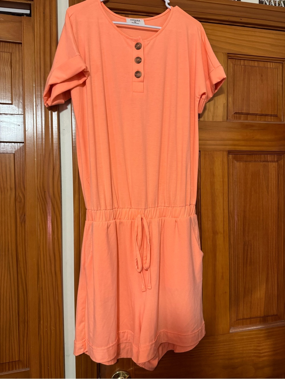 Zenana Outfitters Coral Peach Short Sleeve Romper with Drawstring